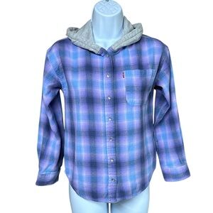 Levi’s Girls Purple/Blue Plaid Hooded Button Up Flannel Shirt Large 12-13 Yrs